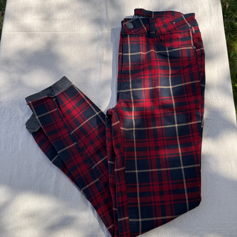 Plaid Skinny Pants - Red and Blue
